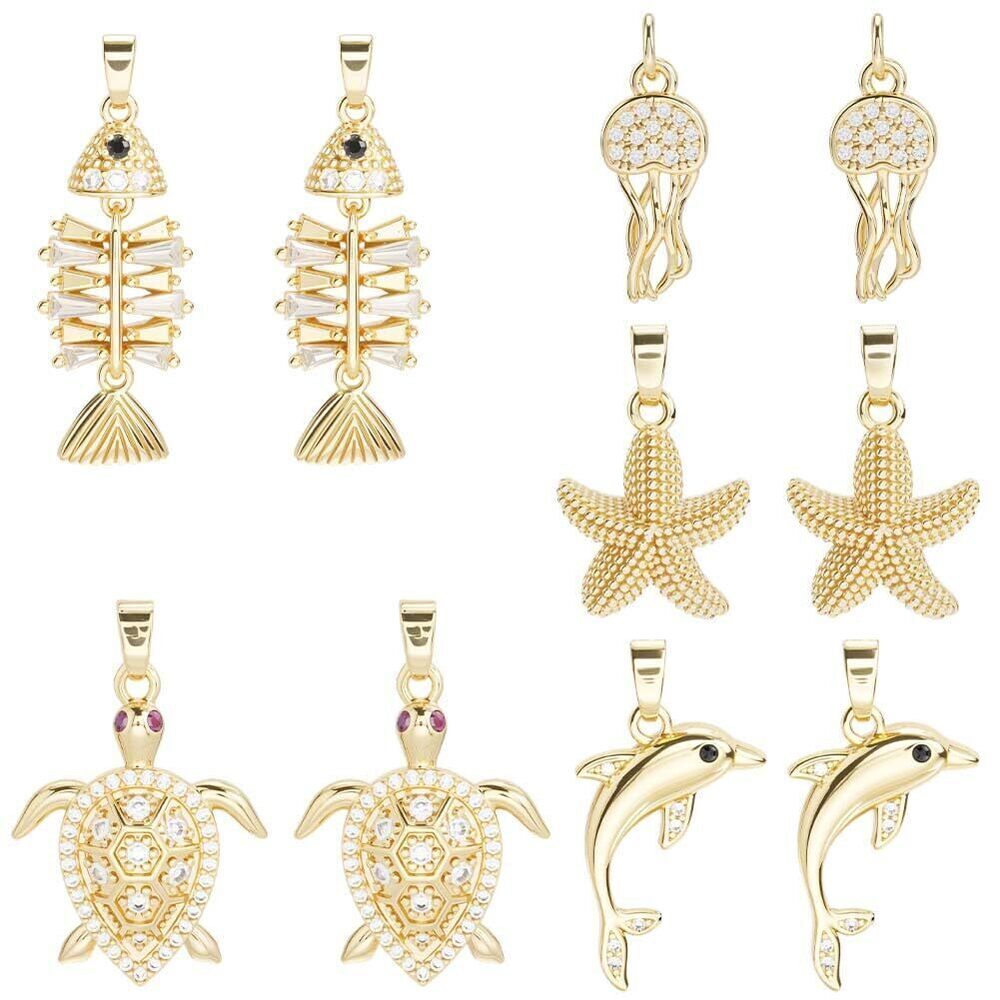 8166 1 Box 10Pcs Cubic Zirconia Sea Animal Charm 18K Gold Plate Brass